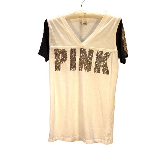 Victoria's Secret Tops - Victorias Secret Pink Sequin Letter Tee With Black Sleeves Womens S Cotton Blend